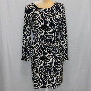 Loft Navy Black and White Long Sleave Straight lined Floral Dress with Tie